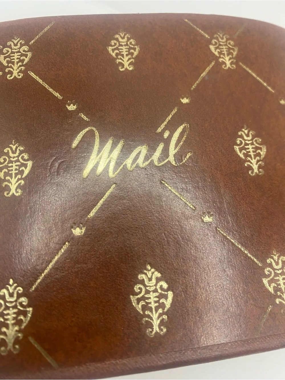Vintage MCM Brown Fleur De Lis Mail Holder Desk Organizer Letter Box 4.5”x7”